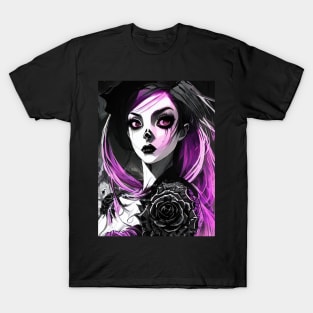 Emotional Contrast: Engaging Black and White Anime Girl Illustrations Gothic Goth Dark Pink Hair Violet T-Shirt